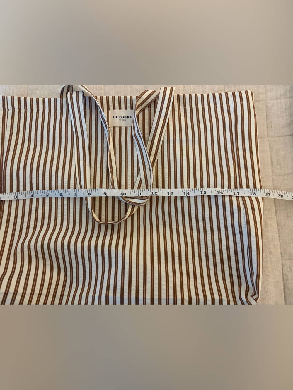 Sezane Octobre Cream white and Brown Striped Tote Bag cotton poplin canvas - Picture 3 of 5